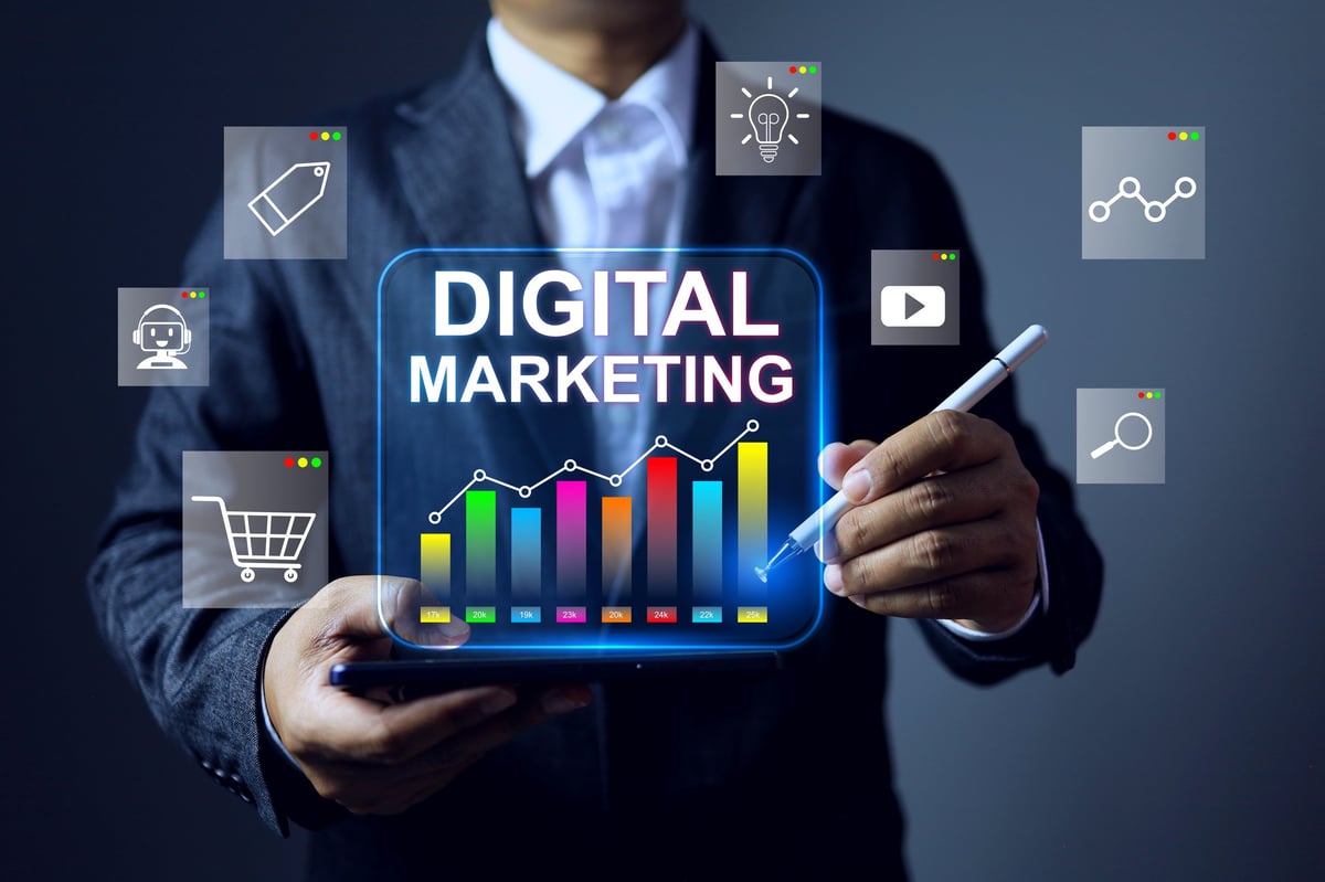 Tech marketing professional analyzing digital strategy