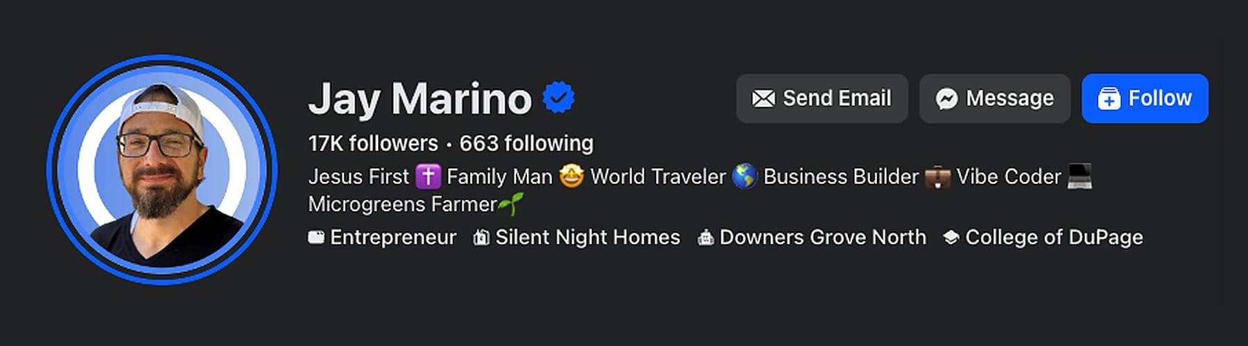 Jay Marino verified social media profile with headshot, follower count, and action buttons for contact and follow options