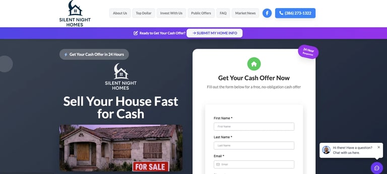 Website homepage for home buying service showing Sell Your House Fast for Cash with property photo and Get Your Cash Offer Now form