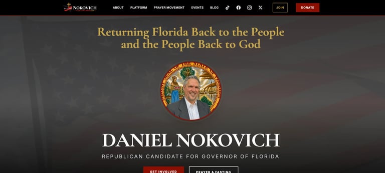 Daniel Nokovich Republican candidate for Governor of Florida campaign website header with circular portrait and slogan